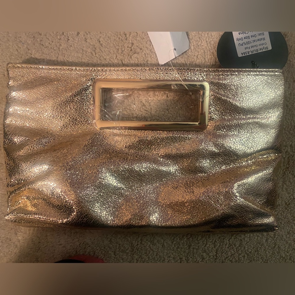Shimmer Metallic Rose Gold Wristlet Clutch with Cutout Handle